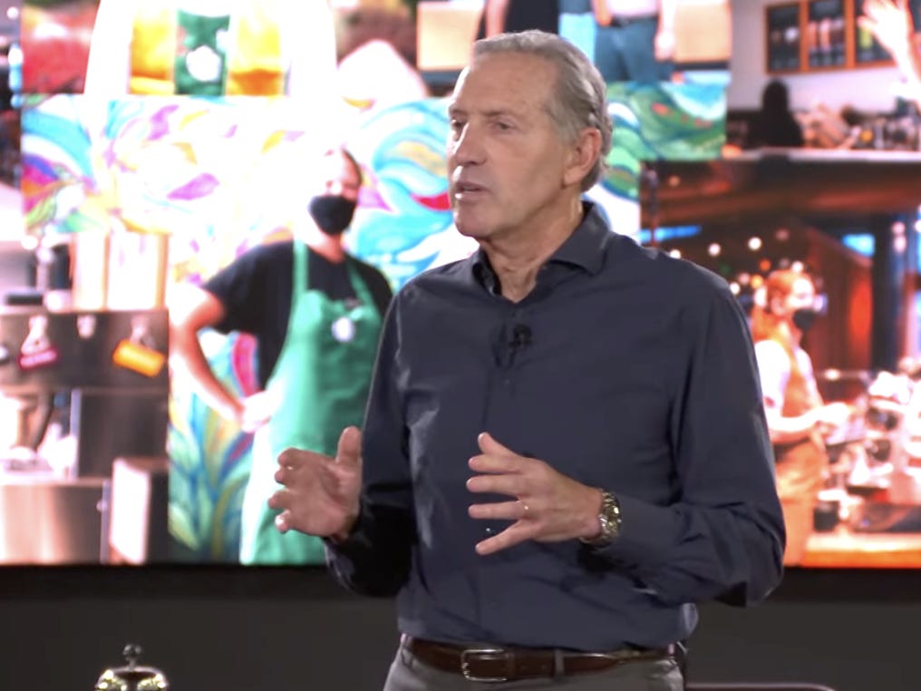 Starbucks CEO Howard Schultz speaks at the company's Open Forum on April 4, 2022.