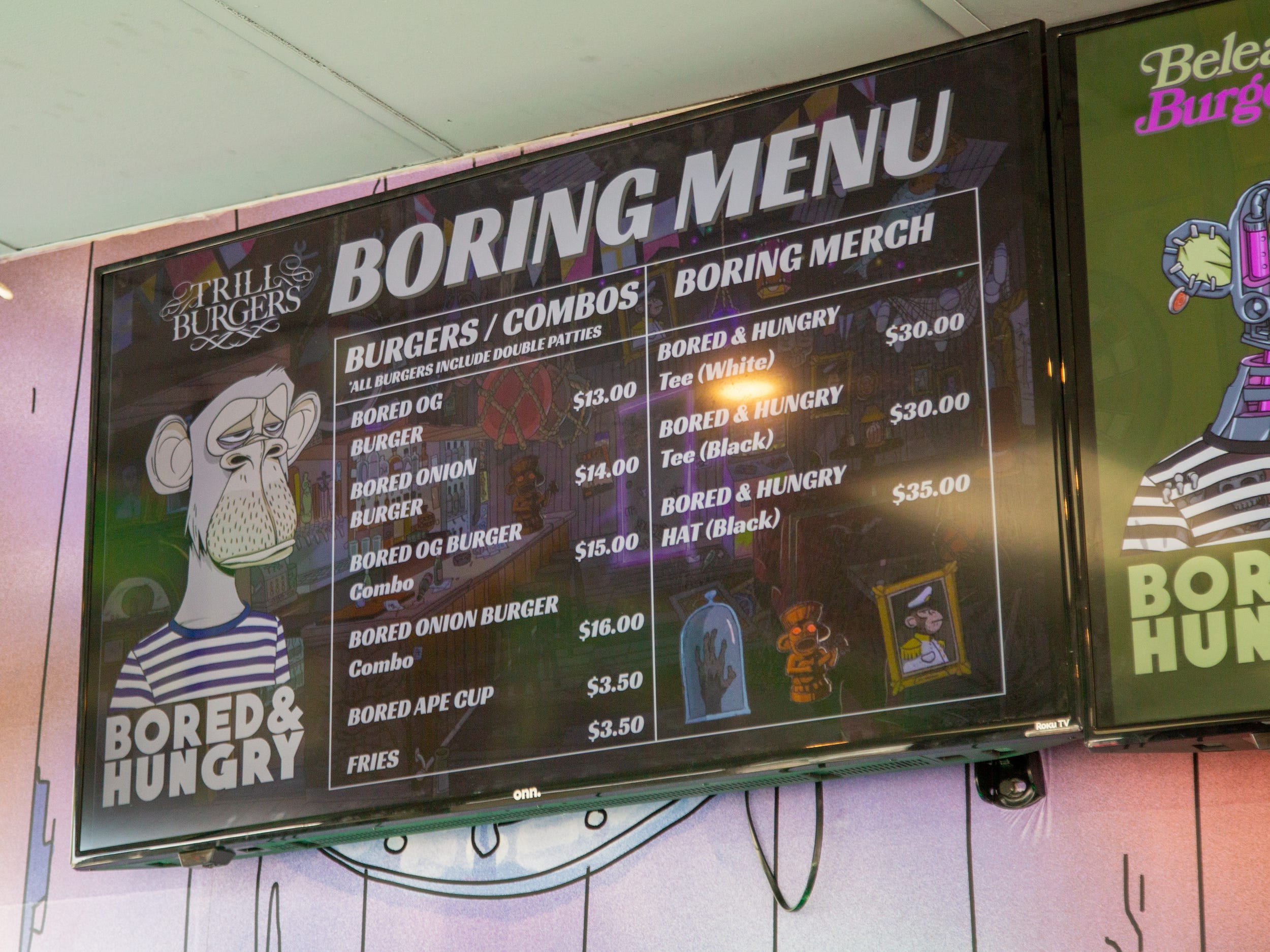 Inside the Bored and Hungry store with the "boring menu."