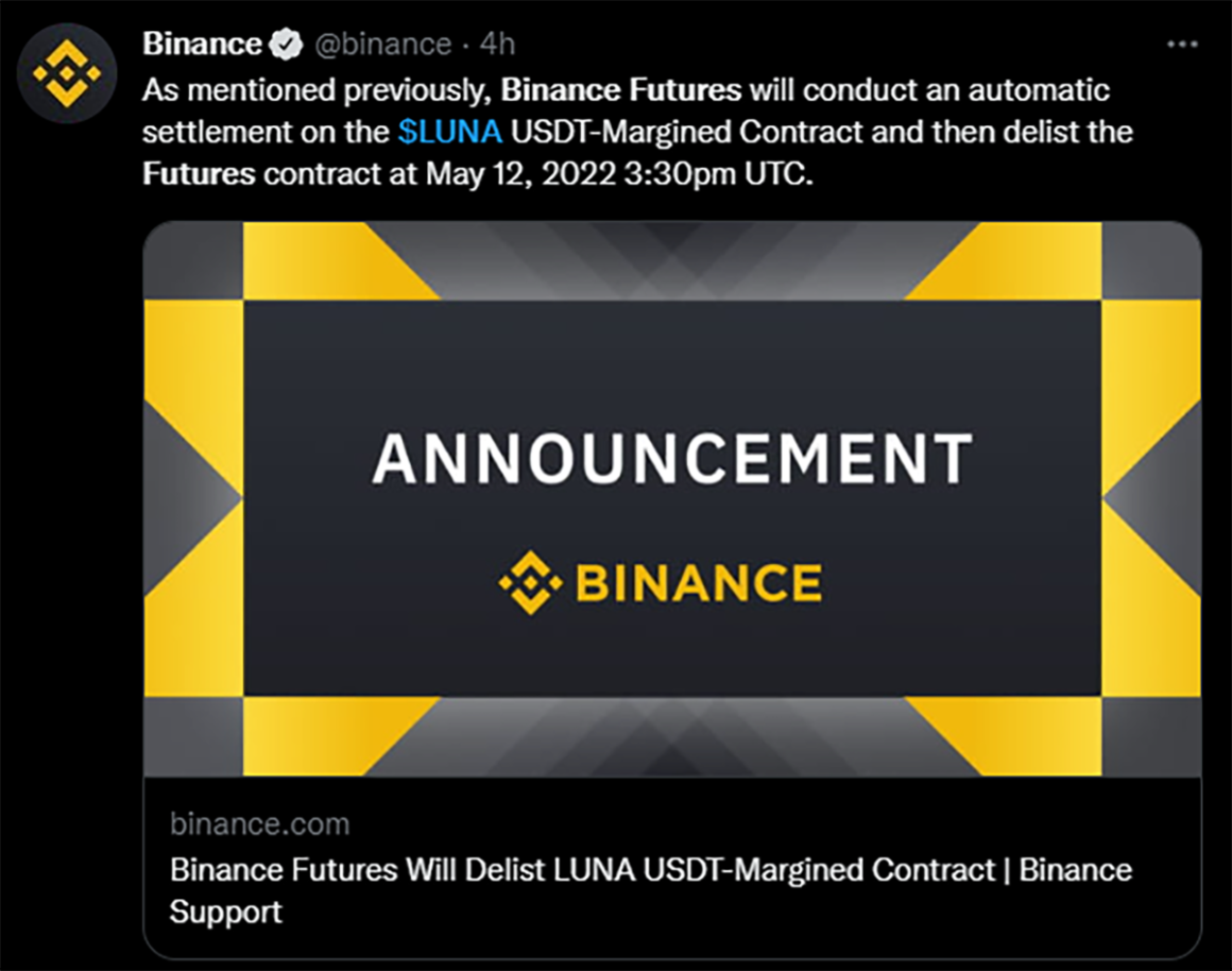 Due to Terra blockchain concerns, Binance has suspended LUNA and UST trading