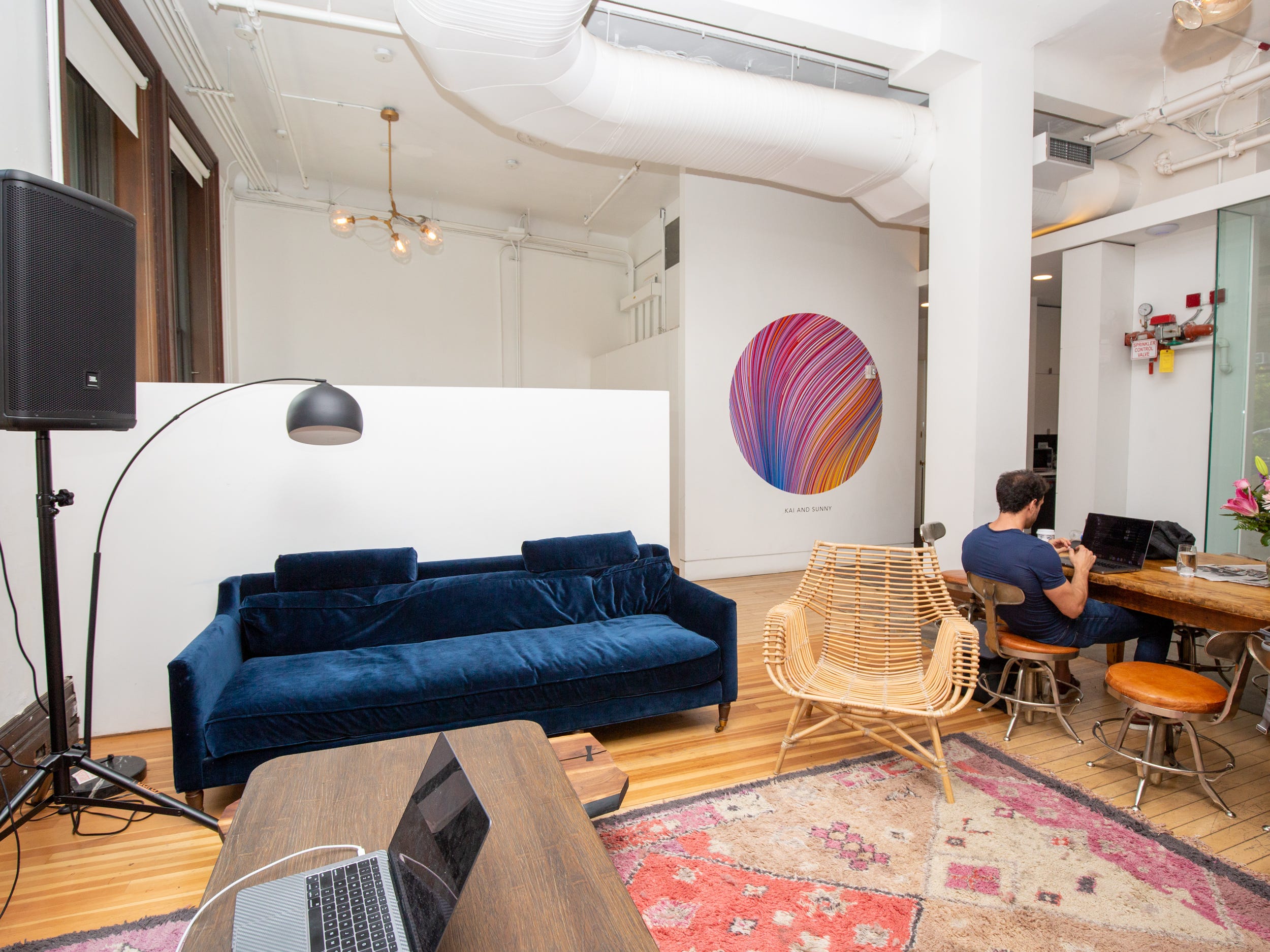 A room with large windows, a colorful rug, couches, chairs. There's someone working at a table nearby.