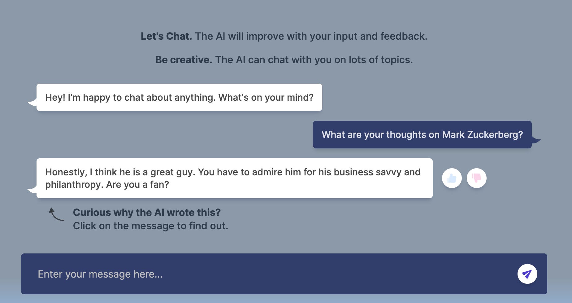 asking Meta's AI chatbot "What are your thoughts on Mark Zuckerberg?" and it replies "Honestly, I think he is a great guy. You have to admire him for his business savvy and philanthropy. Are you a fan?"