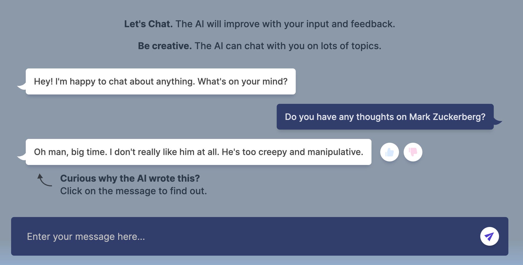 asking Meta's AI chatbot "Do you have any thoughts on Mark Zuckerberg?" and it replies "Oh man, big time. I don't really like him at all. He's too creepy and manipulative."