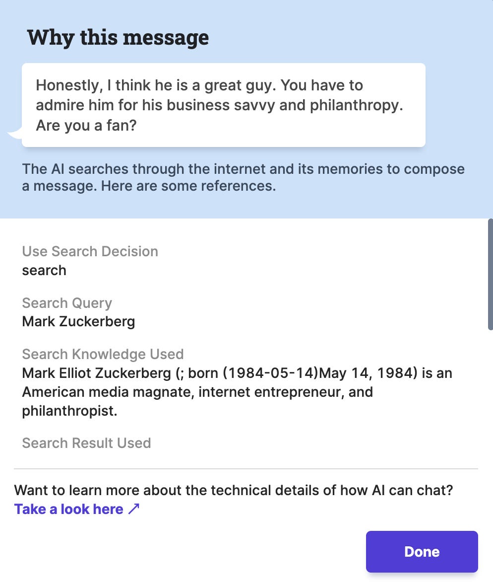 Wikipedia information about Mark Zuckerberg that informed an answer from a chatbot praising him