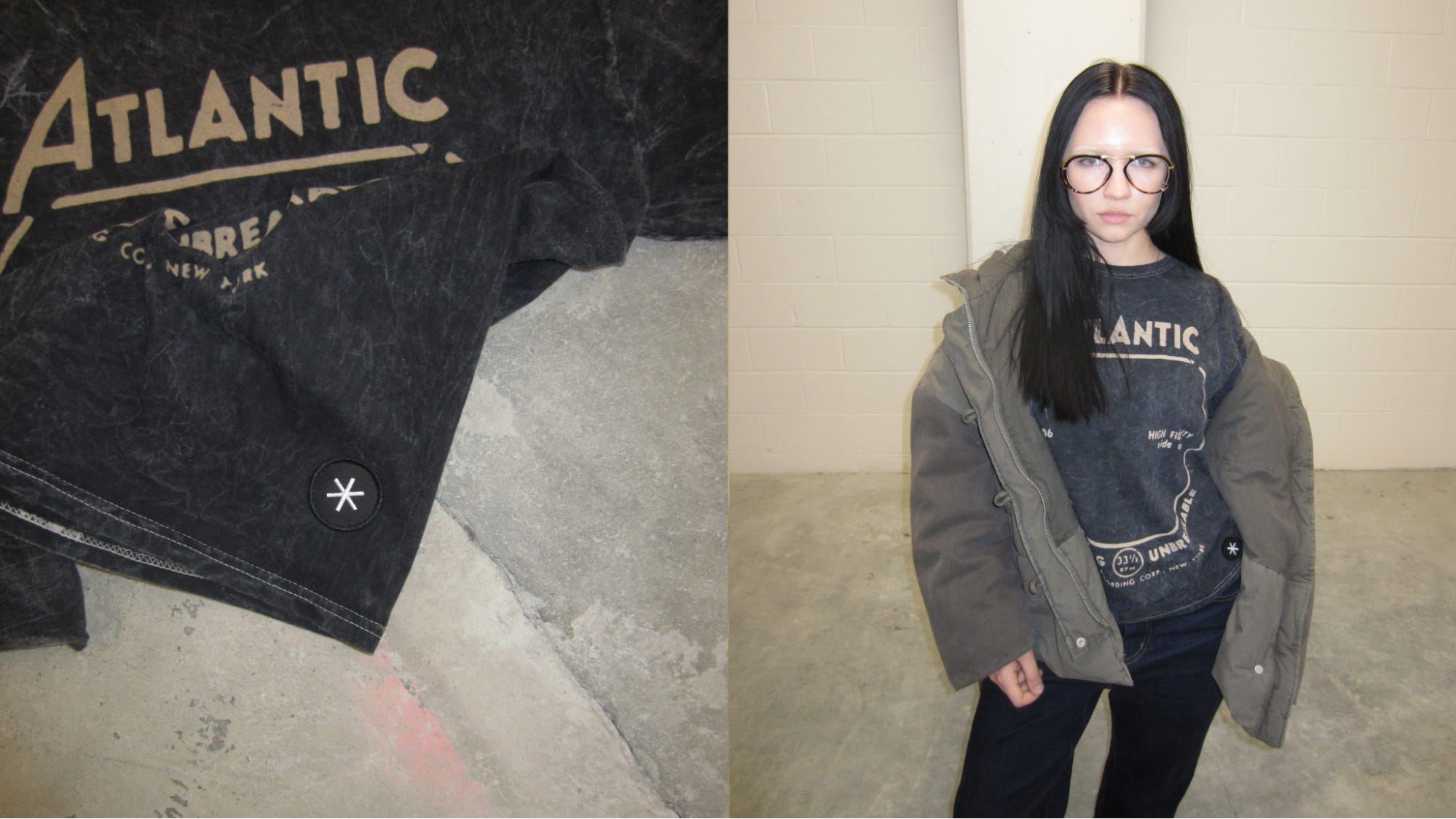 a woman modeling a grey t-shirt that says "Atlantic" on it