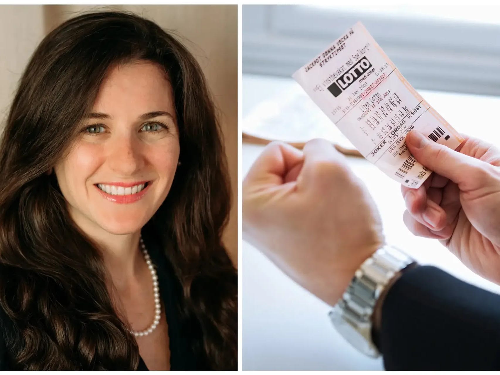 Emily Irwin of Wells Fargo (left) and a lottery winner (right)