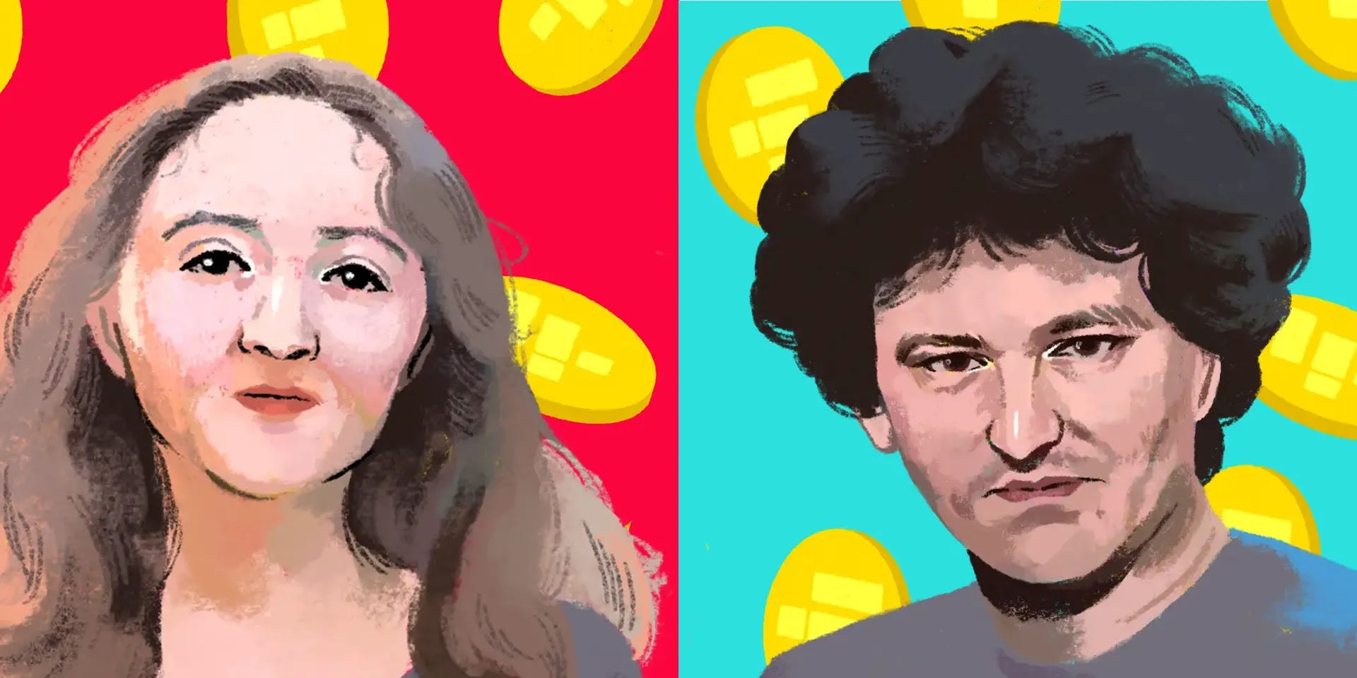 digital illustrations of Caroline Ellison (left) and sam Bankman-fried (right)