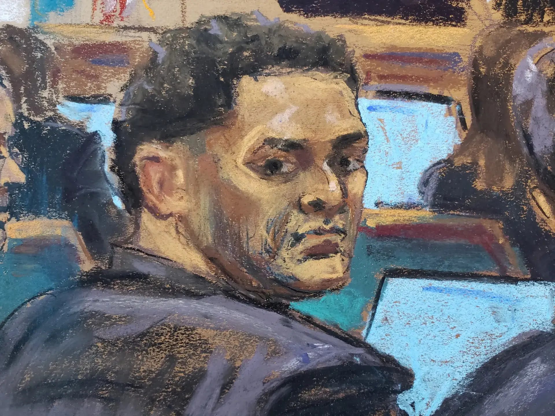 A court sketch of Sam Bankman-Fried on the first day of his trial.