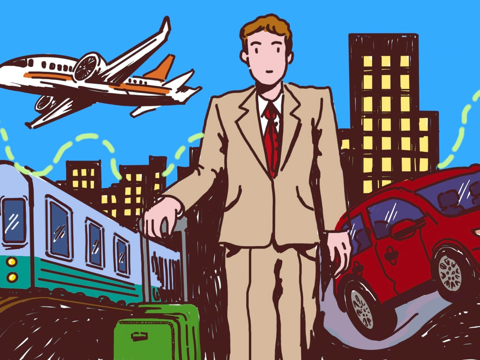 A businessman in a tan suit with a green rolling suit case stands in front of the silhouette of tall buildings with yellow illuminated windows. There is a red car on his left and a subway train on his right. A white and orange plane soars over his head.