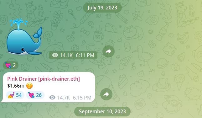 Pink Drainer promotes a successful crypto heist by sharing an emoji of a whale and the amount stolen.