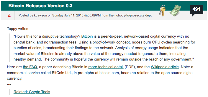 A now-famous post on the social news site Slashdot about Bitcoin