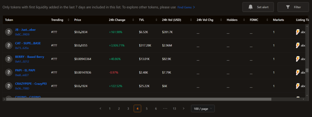A screenshot of new Base tokens with some form of liquidity launched in the week leading to March 25.
