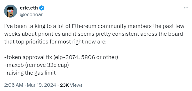 Eth Hub's Eric Connor lays down the priorities of Ethereum community members in a tweet. Token approval issues on the list.