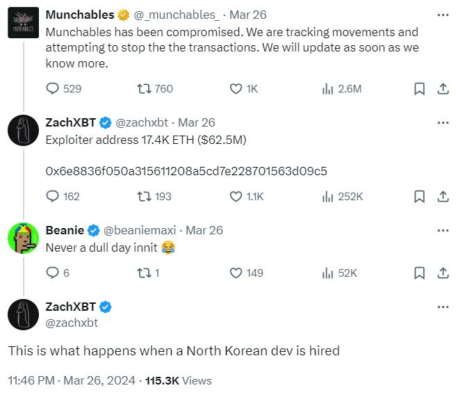 Screenshot of tweet from ZachXBT alleging Munchables hacker's connection to North Korea.