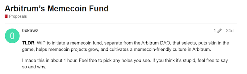Community proposal for a memecoin fund to spur memecoin development on Arbitrum