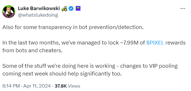 Tweet from Luke Barwikowski says 7.99 million PIXEL rewards from bots and cheaters have been locked in the last two months.