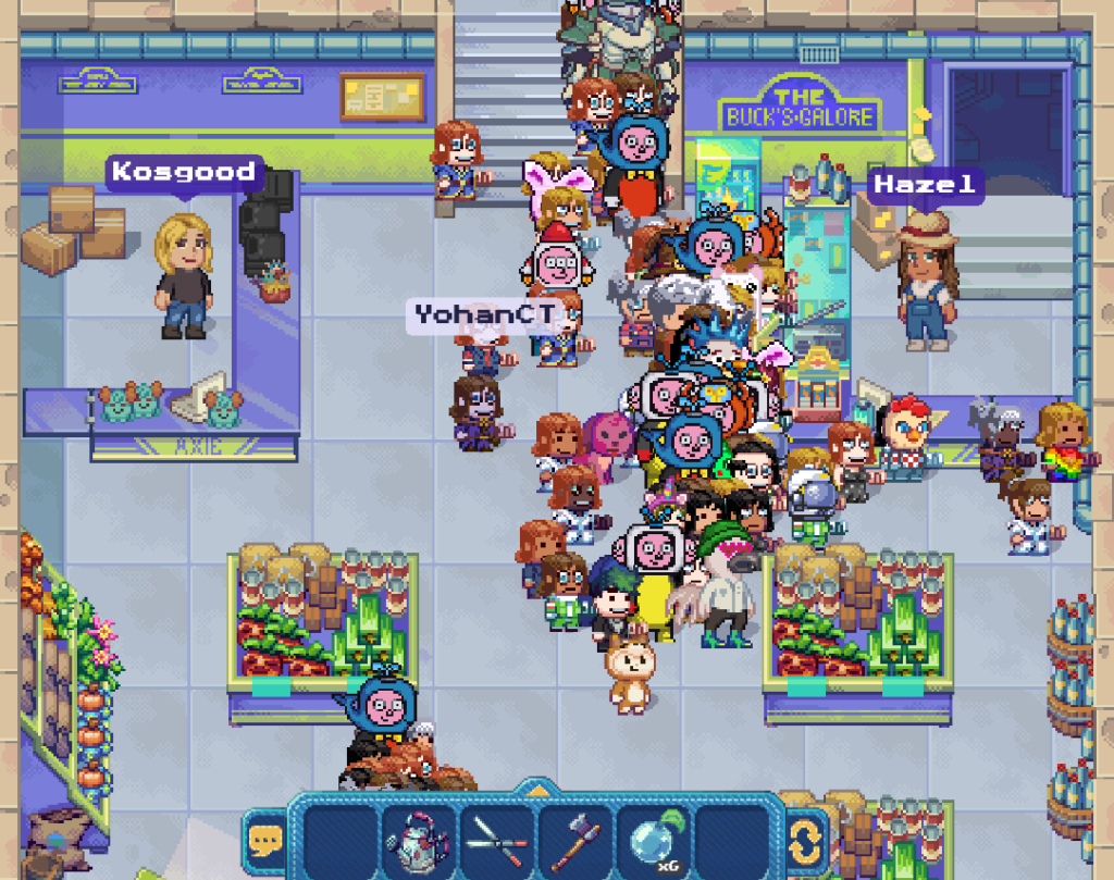 Screenshot taken from Pixels game show avatars crowding around the store to trade items.