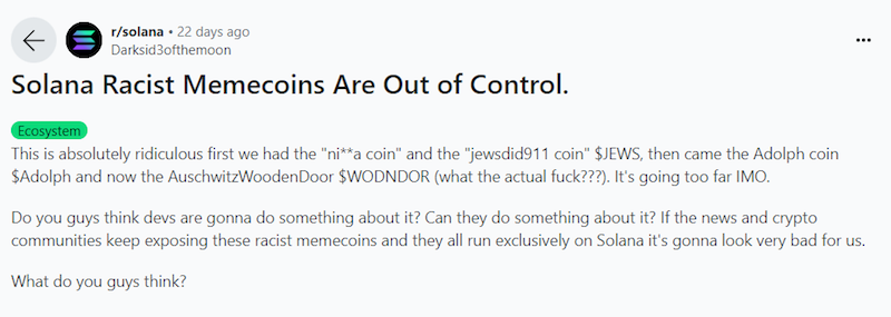 Redditor complains the latest line of racist memecoins is going too far
