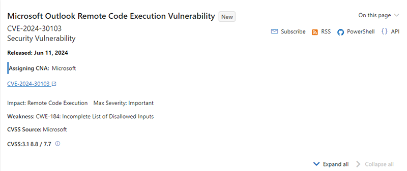 Microsoft Common Vulnerabilities and Exposures (CVE) report on the Outlook flaw