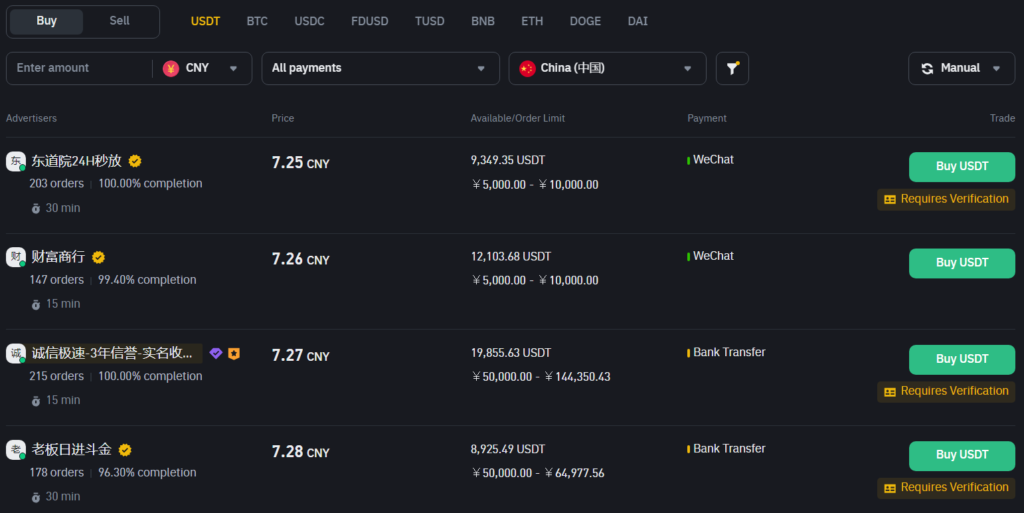 Binance's P2P market place has China region option and a CNY option