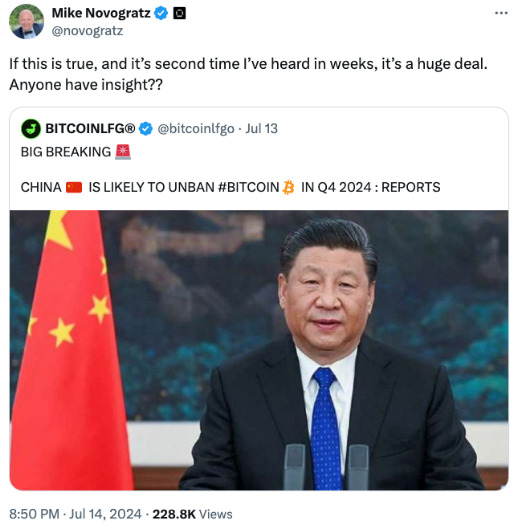 Mike Novogratz of Galaxy Digital claims to have rumors that China is unbanning Bitcoin on X.