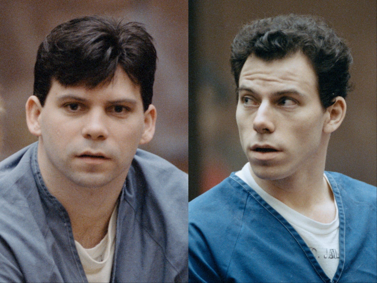 A composite of images of Lyle and Erik Menendez in blue prison outfits taken during their trial in 1994.