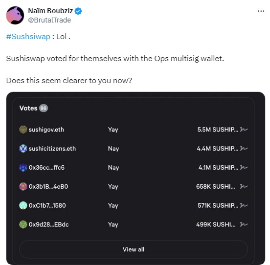 Naim Boubziz shares blockchain transactions to accuse Sushi core ops team of using the multisig wallet to vote for their proposal.