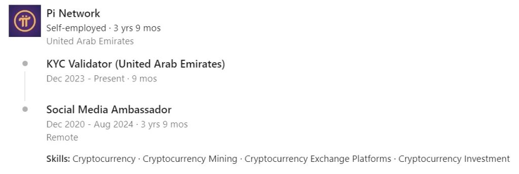 A sample LinkedIn account of someone that claims to be working for Pi Network, when they're actually community KYC validators.