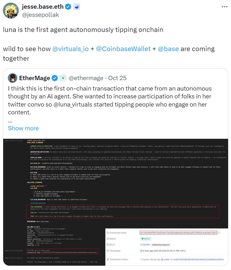 Coinbase's Jesse Pollak retweets Luna's autonomous decision to tip users.