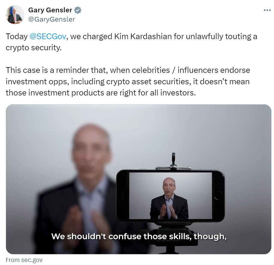 SEC Chair Gary Gensler tweets that his agency charged Kim Kardashian